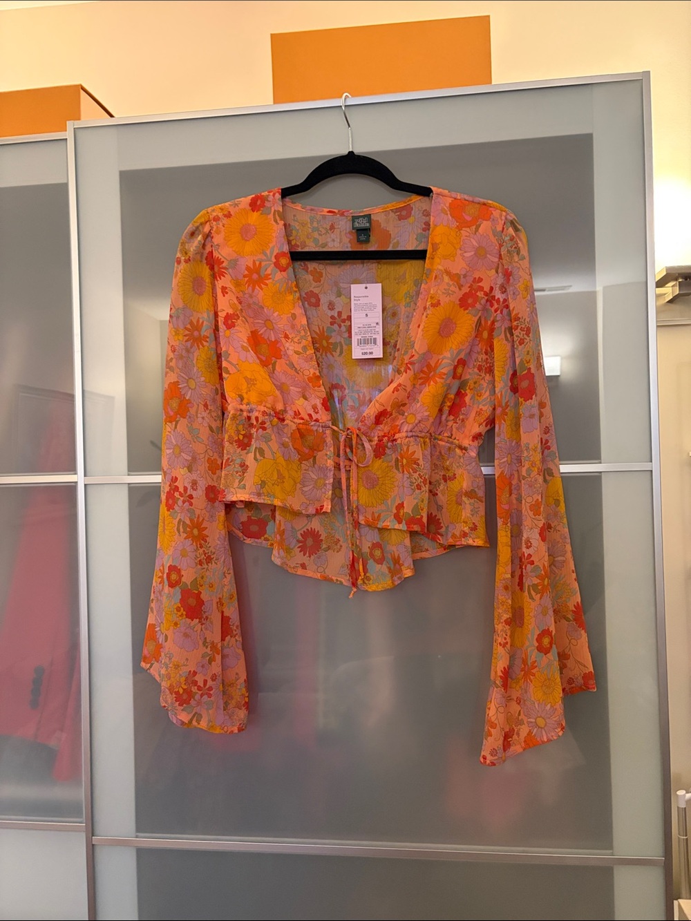 Floral Tie-Front Peasant Blouse - Orange Pink